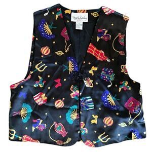 Vintage Silk Vest Colorful Novelty Print Button Front Women’s Retro Y2K